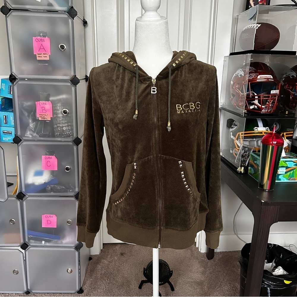 BCBGMaxAzria Olive Green Velour Zip Up Embroidered Studded Size Large - Picture 4 of 12